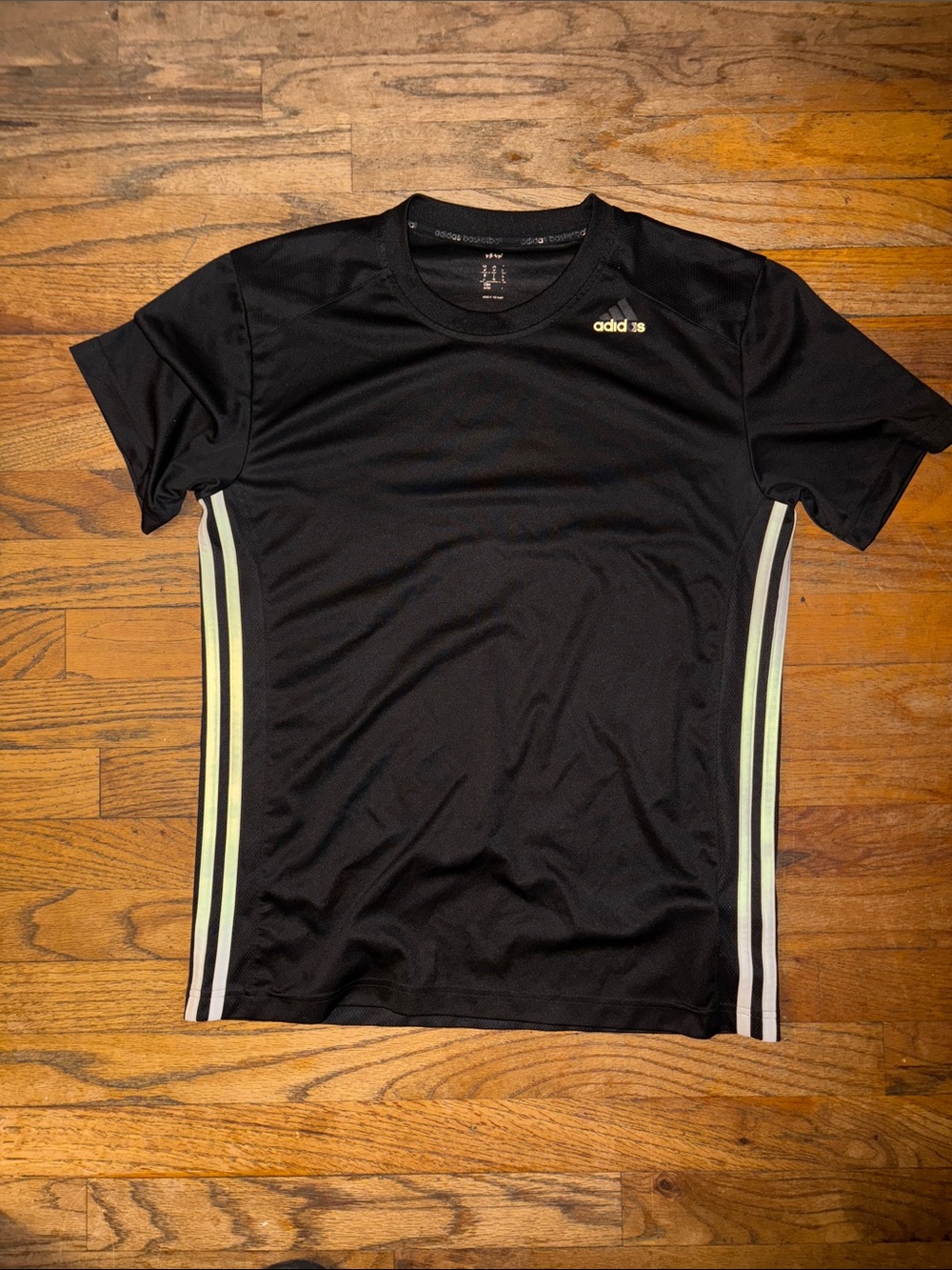 adidas Black Short-Sleeve Athletic Tee with Pale Lime Side Stripes